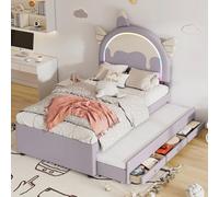 Comanlai 90x200 cm Letto per bambini Cartoon, Letto singolo, Divano letto, con letto estraibile, Forma unicorno, 3 cassetti portaoggetti, Viola