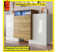 Comanlai Cassettiera moderna con 3 cassetti e 2 ante, mobiletto portaoggetti per soggiorno, credenza con luci a LED White and Wood Color