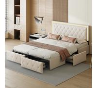 Comanlai Letto imbottito 140 x 200 cm, con 4 cassetti e testiera a LED, con rete a doghe, letto matrimoniale, letto per giovani, PU, beige
