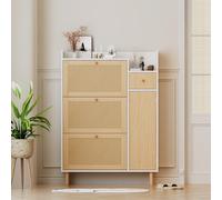 Comanlai scarpiera in legno rattan 90x125x17 cm, per ingressi stretti, con 3 ante e 1 cassetto, gambe e maniglie in legno massello