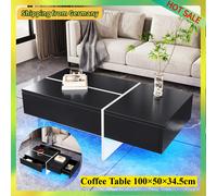 Comanlai Tavolino da caffè moderno con luci a LED e 3 cassetti, tavolo lucido per soggiorno, design linea, 100×50×34,5 cm, nero