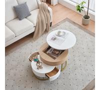 Comanlai Tavolino da caffè rotondo pieghevole, set di 2, tavolino regolabile in altezza, con piano sollevabile e cassetto, spazio di archiviazione nascosto