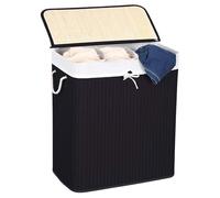 Comart - Portabiancheria Bamboo - 150 L - 3 Scomparti - Cesto Salvaspazio - Pieghevole - con Coperchio e Maniglie - Fodera Interna Rimovibile - Porta Panni e Bucato - per Lavanderia e Bagno - Nero