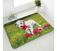 Comart, Tappeto Mio Arredo, Antiscivolo e Lavabile, con Cuccioli di Cane e Gatto, per Cameretta, Soggiorno, Bagno, per Bambini e Pet Lovers, Disegno Simpatico Dalmata con Fiori Rossi, 80x120 cm