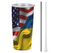 Combinazione di bandiere America vs Ucraina, 1 bicchiere termico in acciaio inossidabile da 20 once, tazza da viaggio per auto a doppia parete sottovuoto con coperchio e cannuccia per regali di caffè