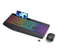 Combinazione di tastiera e mouse wireless, doppio sistema RGB retroilluminato, 2,4 G, ricaricabile, design ergonomico silenzioso con supporto per telefono per Windows Mac PC Laptop (nero) V1