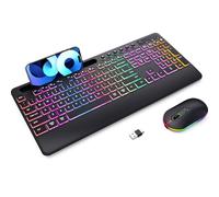 Combinazione di tastiera e mouse wireless, doppio sistema RGB retroilluminato, 2,4 G, ricaricabile, design ergonomico silenzioso con supporto per telefono per Windows Mac PC Laptop (nero) V2