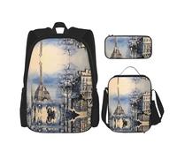 Combinazione di zainetti per la scuola, alla moda e leggero, set per la scuola per ragazze, set vintage con disegni di funghi, Romantica Torre Eiffel di Parigi, Taglia unica