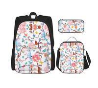 Combinazione di zainetti per la scuola, alla moda e leggero, set per la scuola per ragazze, set vintage con disegni di funghi, Romantico fantasia floreale uccelli farfalla, Taglia unica