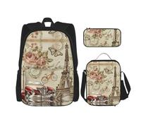 Combinazione di zaini per la scuola, alla moda e leggeri, set per la scuola per ragazze con orchidee, Cartolina vintage Parigi, Taglia unica