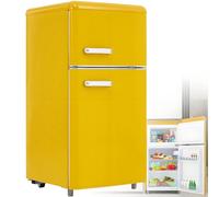 Combinazione frigorifero-congelatore retrò: due porte, altezza 86,8 cm, larghezza 45,5 cm, piccolo frigorifero, volume totale 60 litri, silenzioso, 120 kWh/anno,Yellow