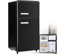 Combinazione frigorifero-congelatore retrò: due porte, altezza 86,8 cm, larghezza 45,5 cm, piccolo frigorifero, volume totale 60 litri, silenzioso, 120 kWh/anno,Black