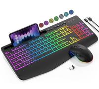 Combinazione tastiera e mouse wireless, 9 effetti retroilluminati, poggiapolsi, supporto per telefono, tastiere ergonomiche senza lag, ricaricabili silenziose per computer, laptop, PC, Mac, Windows