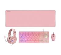 Combo Gaming 4 in 1 - Tastiera TKL meccanica, mouse RGB 3200 dpi, cuffie con cancellazione del rumore e tappetino XXL antiscivolo. Colore rosa.