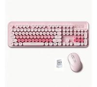 Combo tastiera e mouse wireless, simpatica macchina da scrivere a 104 tasti con tasti rotondi retrò, 2,4 GHz, for computer PC desktop laptop(Pink)
