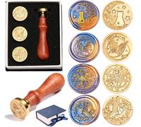 Comealltime Wachs Siegel Stempel Set - 4pcs Kupfer Wachs Siegel Stempel und Abnehmbarer Holzgriff, Siegelwachs Stempel (Kolibri, Schmetterling, Libelle, Katze) für DIY Karten Umschläge Geschenk (Tier)