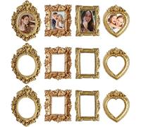Comebachome Mini cornici dorate da 12 pezzi, set di piccole cornici antiche barocche con 4 forme per artigianato ed esposizione, dorate, figurine