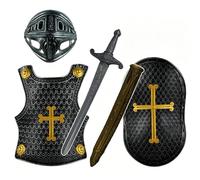 Comebachome Set costumi da cavaliere per bambini 4 pezzi, armatura medievale croce vintage con elmo scudo spada nero