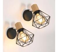 Comely 2 Pezzi Lampada da Parete Vintage, E27 Applique da Parete Interno in Legno, Design Metallo Gabbia Lampada a Muro Industriale per Camera da Letto Corridoio Scale Ristorante