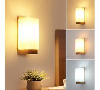 Comely Applique da Parete Interno, E27 Lampada da Parete Vintage in Legno, Quadrato Lampada a Muro Paralume in Vetro per Camera da Letto, Soggiorno, Corridoio, Scale, con 1* Tricolore Lampadina