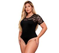 comeondear Body Donna Estivo Elegante Maniche Corta Bodysuit Pizzo Taglie Forti Intimo Top Cerimonia Completino Teddy Lingerie Sexy Trasparente Sottogiacca Sottile Hot Babydoll Nero,L
