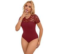comeondear Body Donna Estivo Elegante Maniche Corta Bodysuit Pizzo Taglie Forti Intimo Top Cerimonia Completino Teddy Lingerie Sexy Trasparente Sottogiacca Sottile Hot Babydoll Rosso,S