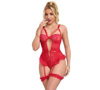 comeondear Body Donna Sexy Taglie Forti Bodysuit Pizzo Senza Maniche con Reggicalze Hot Lingerie Elegante Estivo Completino Intimi Curvy Transparente Babydoll Teddy Scollo a V Tuta Rosso,XL-XXL