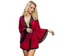 comeondear Lingerie Donna Trasparente Taglie Forti Camicia da Notte Pizzo con Perizoma Babydoll Seducente Hot Completo Intimo Sexy con Cintura Scollo a V Kimono Vestaglia Pigiama Rosso,3XL-4XL