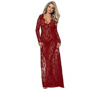 comeondear Vestito Sexydonna Hard Lungo Intimo Seducente Trasparente Lingerie Pizzo a Maniche Lunghe Taglia Grande Scollo a V Babydoll con Perizoma Sleepwear Sexy Nightwear Set Teddy Rosso,3XL-4XL