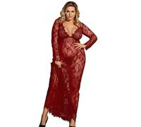 comeondear Vestito Sexydonna Hard Lungo Intimo Seducente Trasparente Lingerie Pizzo a Maniche Lunghe Taglia Grande Scollo a V Babydoll con Perizoma Sleepwear Sexy Nightwear Set Teddy Rosso,XL-XXL