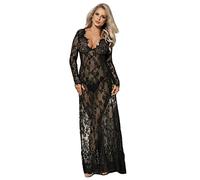 comeondear Vestito Sexydonna Hard Lungo Intimo Seducente Trasparente Lingerie Pizzo a Maniche Lunghe Taglia Grande Scollo a V Babydoll con Perizoma Sleepwear Sexy Nightwear Set Teddy Nero,XS-S