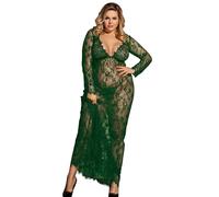 comeondear Vestito Sexydonna Hard Lungo Intimo Seducente Trasparente Lingerie Pizzo a Maniche Lunghe Taglia Grande Scollo a V Babydoll con Perizoma Sleepwear Sexy Nightwear Set Teddy Verde,M-L