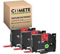 COMETE - 3 nastri TZe-431 Tz 431 Tze431 Compatibile per Brother P-Touch PT-D200 PT-1010 1000 PT-H100LB PT-E100VP PT-9200 PT-9400 PT-9500PC PT-9600 - 12mm x 8m Nero su rosso.