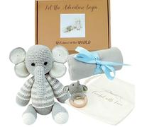 cometrade Set regalo per bambini, 4 pezzi, tema elefante - Peluche 26 cm, sonaglio 11 cm, asciugamano da bagno e sacchetto, fatto a mano per ragazzi e ragazze, con confezione regalo, per neonati,