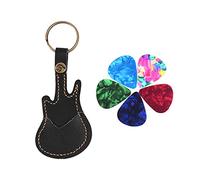COMETX Custodia in pelle per plettri per chitarra, a forma di chitarra, con portachiavi, 5 pezzi in celluloide, accessori per strumenti a corda, Nero