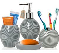 Comfify Set di Accessori per Il Bagno - 4 forni Set da Bagno in Ceramica con Dispenser per Sapone Liquido o lozione, portaspazzolino, Bicchiere e portasapone - Set Decorativo con Dettagli in Rilievo