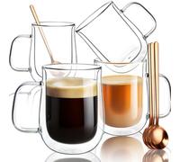 Comfome Set di 4 Bicchieri Tazze da Caffè Trasparenti in Vetro Borosilicato, 473 ml, con Cucchiai, Isolate per Bevande Calde
