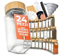COMFORDER Barattoli Spezie Quadrati 24 Pezzi, Barattoli Spezie con Etichette Italiano, Setaccio e Imbuto, Porta Spezie Cucina Assortiti e Quadrati con Coperchio in Bambù, 120 ml