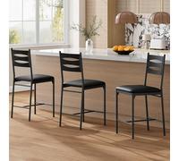 Comfort Counter Height Bar Stools - Upholstered Dining Chairs with Wooden Back, Thick Padded Seat, Metal Frame, Ergonomic Footrest - Ideal for Kitchen Island & Dining Room -Black Wood Grain, 2-Pack