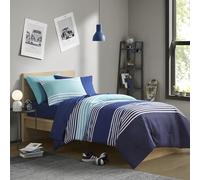 Comfort Spaces Bed in a Bag - Set di biancheria da letto per adolescenti, 6 pezzi, a righe, blu navy e grigio, set di biancheria da letto doppio, 2 tasche laterali, organizer per camera da letto,
