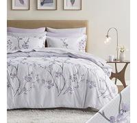 Comfort Spaces Cozy Comforter con set completo di lenzuola con tasca laterale, copertura per tutte le stagioni, federe abbinate, microfibra, Kate, grigio/viola, queen size (228,6 x 228,6 cm)