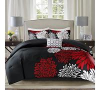 Comfort Spaces Enya Comforter Set-Modern Floral Design All Season Down Alternative Bedding, Matching Shams, Bedskirt, Decorative Pillows, King (104 in x 90 in), Red/Black