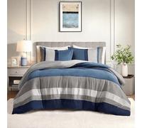 Comfort Spaces Queen Comforter Set, 3 Piece Luxe Microsuede, Pieced Design Color Block Stripes Bedding Comforter Sets, All Season Soft Brushed Microfiber Reverse, Matching Shams, Full/Queen, Blue