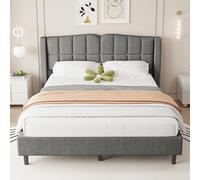 ComfortXL Materassino imbottito 140 x 200 cm, letto con rete a doghe (senza materasso), forma unica testiera, design con bottoni, borsa portaoggetti in lino, minimalista, grigio