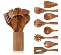 comfoyar Teak Utensili da Cucina Set, 9 Pezzi Cucchiai di Legno per Cucinare Set con Supporto e Mestolo, Resistente al Calore Mestoli in Legno per Pan Antiaderente