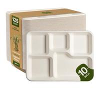 Comfy Package [125 pezzi - 25,5 cm] Piatti monouso/vassoi 100% compostabili a 5 scomparti in fibra di canna da zucchero - ecologici e resistenti
