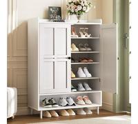 ComfyCorner Scarpiera bianca a 7 + 1 livelli, altezza 114,3 cm, con ante a croce stampate, 3 ripiani regolabili e gambe in metallo, scarpiera per porta d'ingresso
