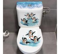 ComfyHarbor Adesivo impermeabile per WC con onda di pinguino, autoadesivo in PVC, decorazione per il bagno, design moderno con cartoni animati per serbatoio e copertura, blu, dimensioni 30 x 60 cm