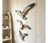 Comgooldool 3 targhe da parete in legno a forma di gabbiano, decorazione rustica per la casa a tema costiero per soggiorno, camera da letto, corridoio, arte da appendere blu e bianca, con hardware di