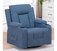 COMHOMA Poltrona Relax TV con Funzione Recliner Schienale Regolabile, Girevole a 360°, 2 Tasche Laterali e Portabicchieri, Blu, Tessuto